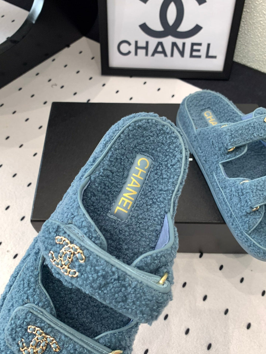 CHANEL DAD SANDAL MULE IN AEGEAN BLUE LAMB FUR