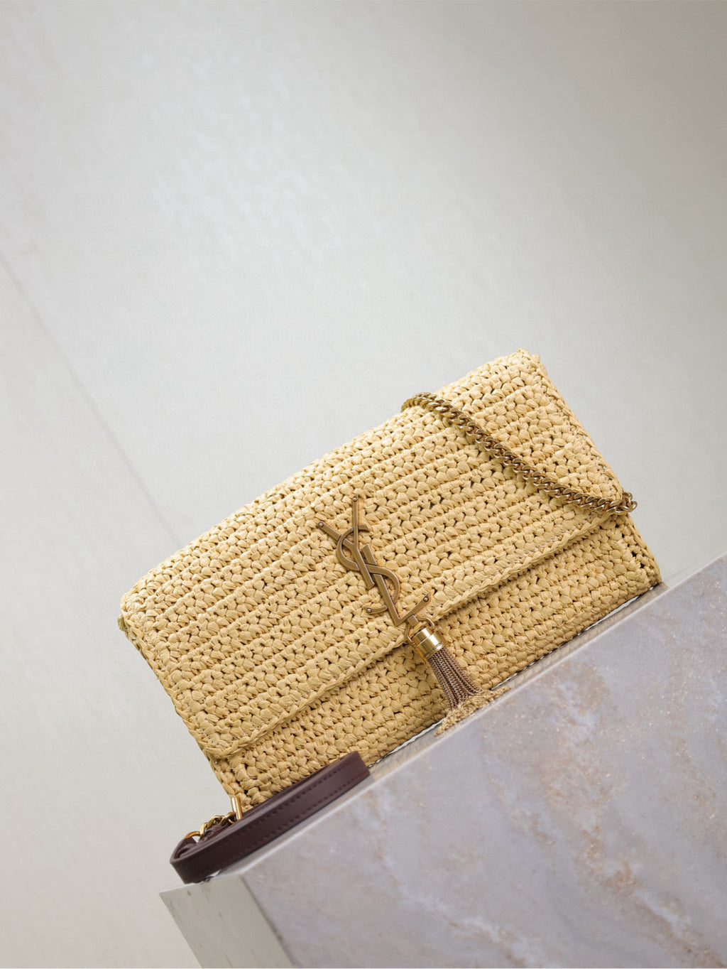YSL KATE BAG CROSSBODY 26 IN BEIGE WOVEN RAFFIA GOLD HARDWARE
