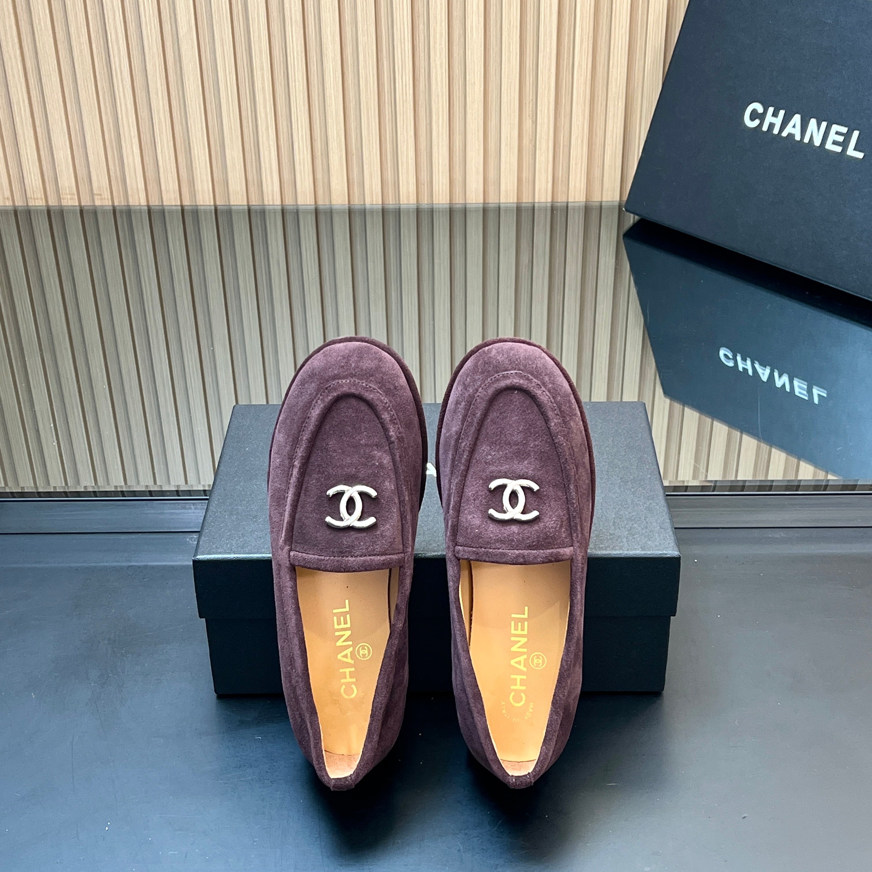 CHANEL 25S TEDDY LOAFER 15MM IN DARK PURPLE SUEDE SILVER HARDWRE