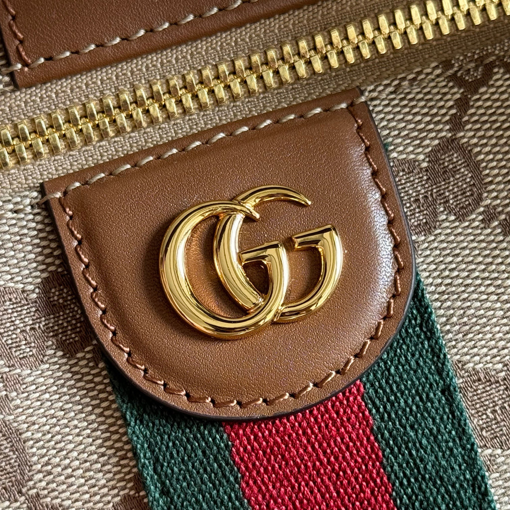 GUCCI 26S GIGLIO TOP HANDLE BAG 27 IN WARM BEIGE AND BROWN CANVAS