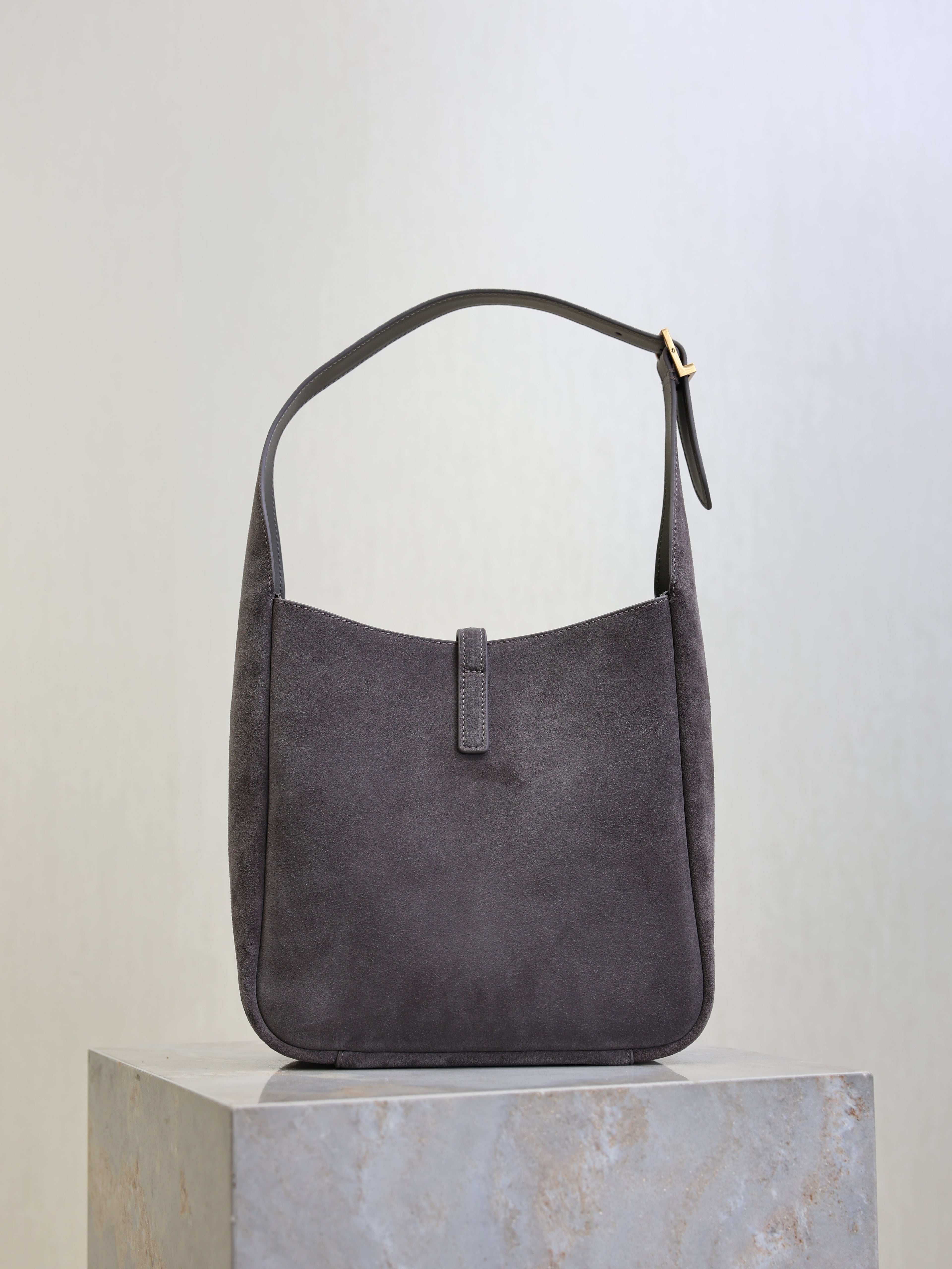 YSL 25S LE 5 À 7 SUPPLE SMALL 23 IN DARK GRAY SUEDE GOLD HARDWARE