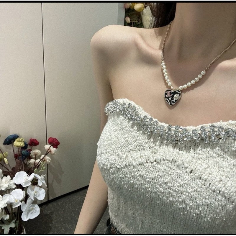 18K  Chanel Pink & Black Heart Pearl Necklace