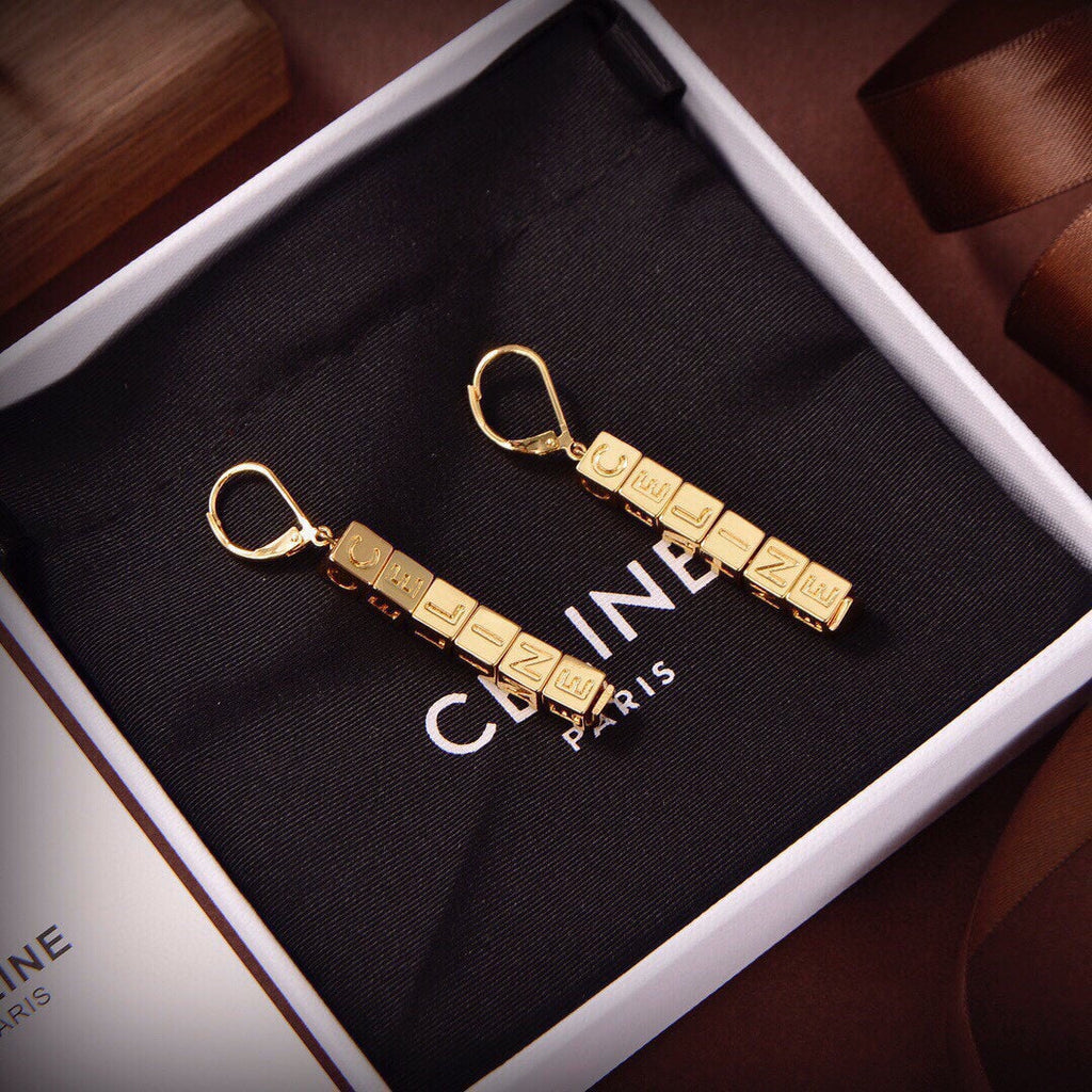 18K Celine Script Cube Earrings