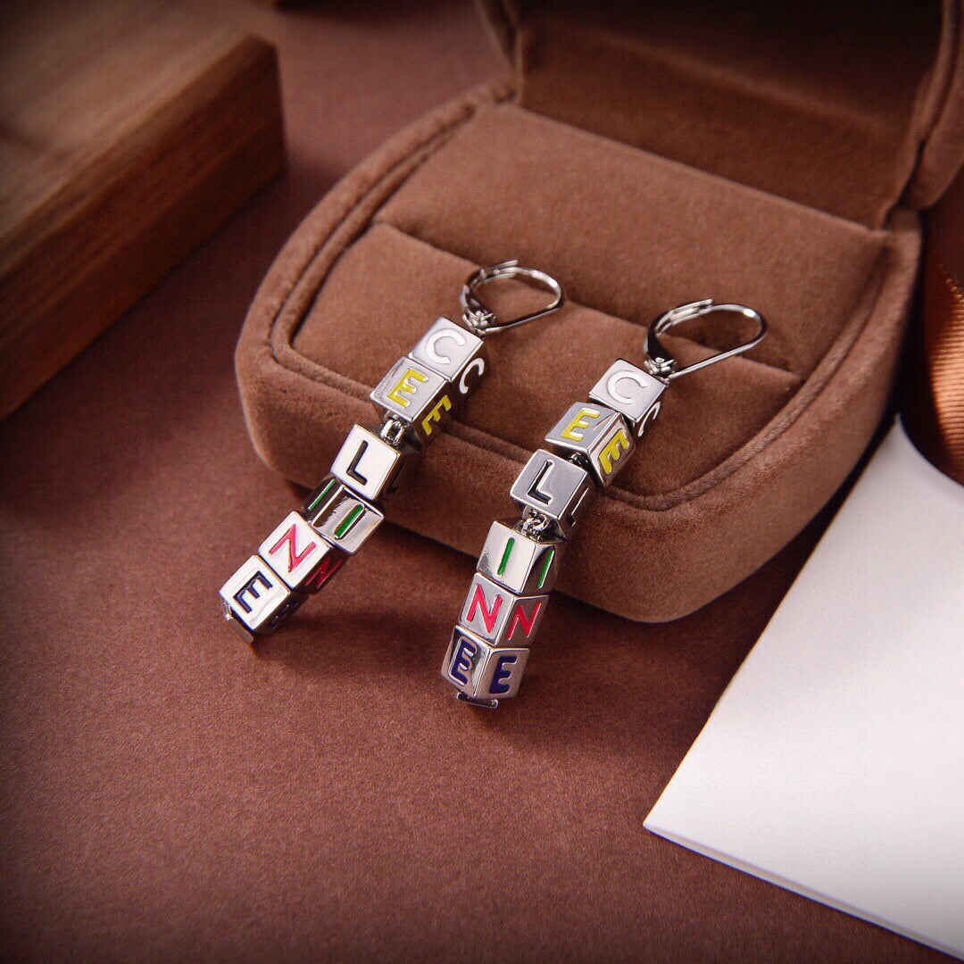 18K Celine Script Cube Earrings