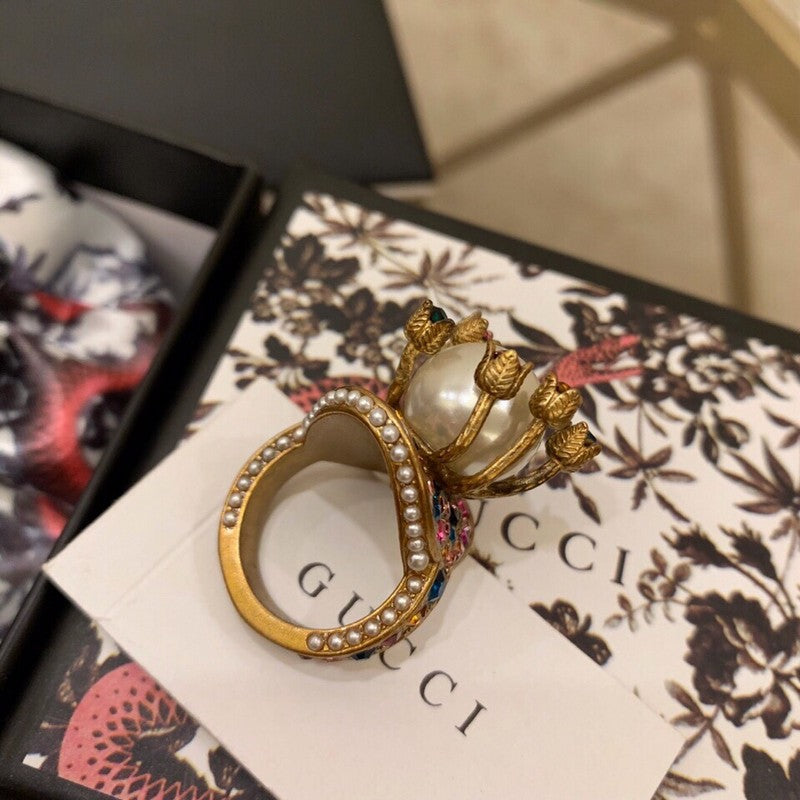 18K Double Gucci Multistone Pearl Ring