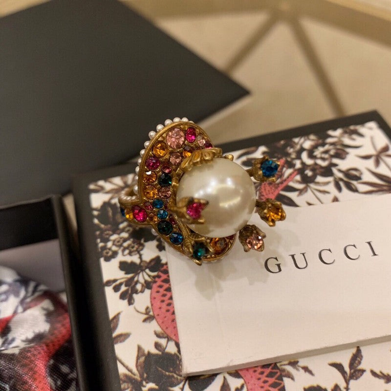 18K Double Gucci Multistone Pearl Ring