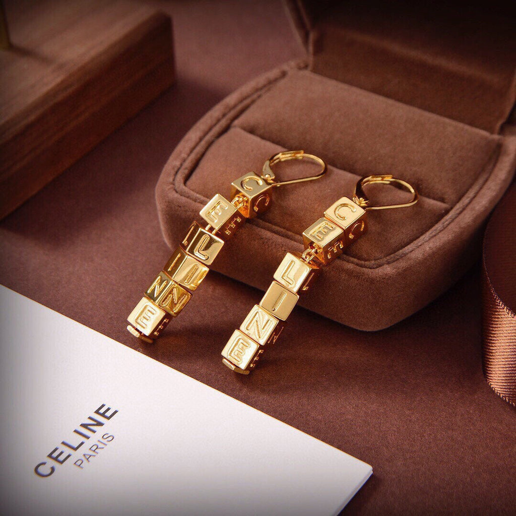 18K Celine Script Cube Earrings