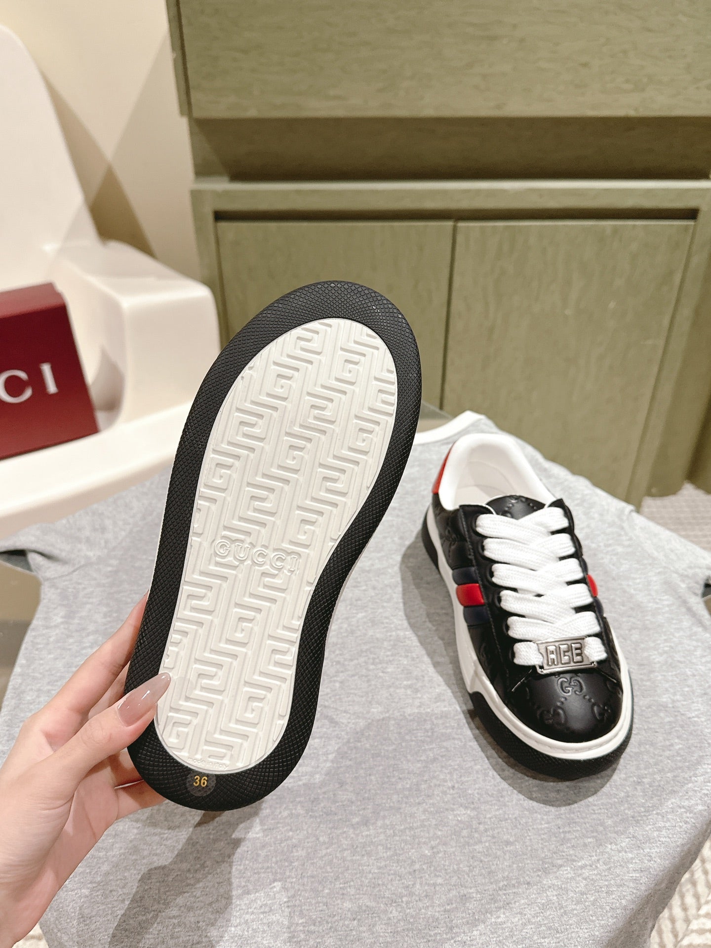 GUCCI ACE SNEAKER WITH WEB IN BLACK EMBOSSED CALFSKIN