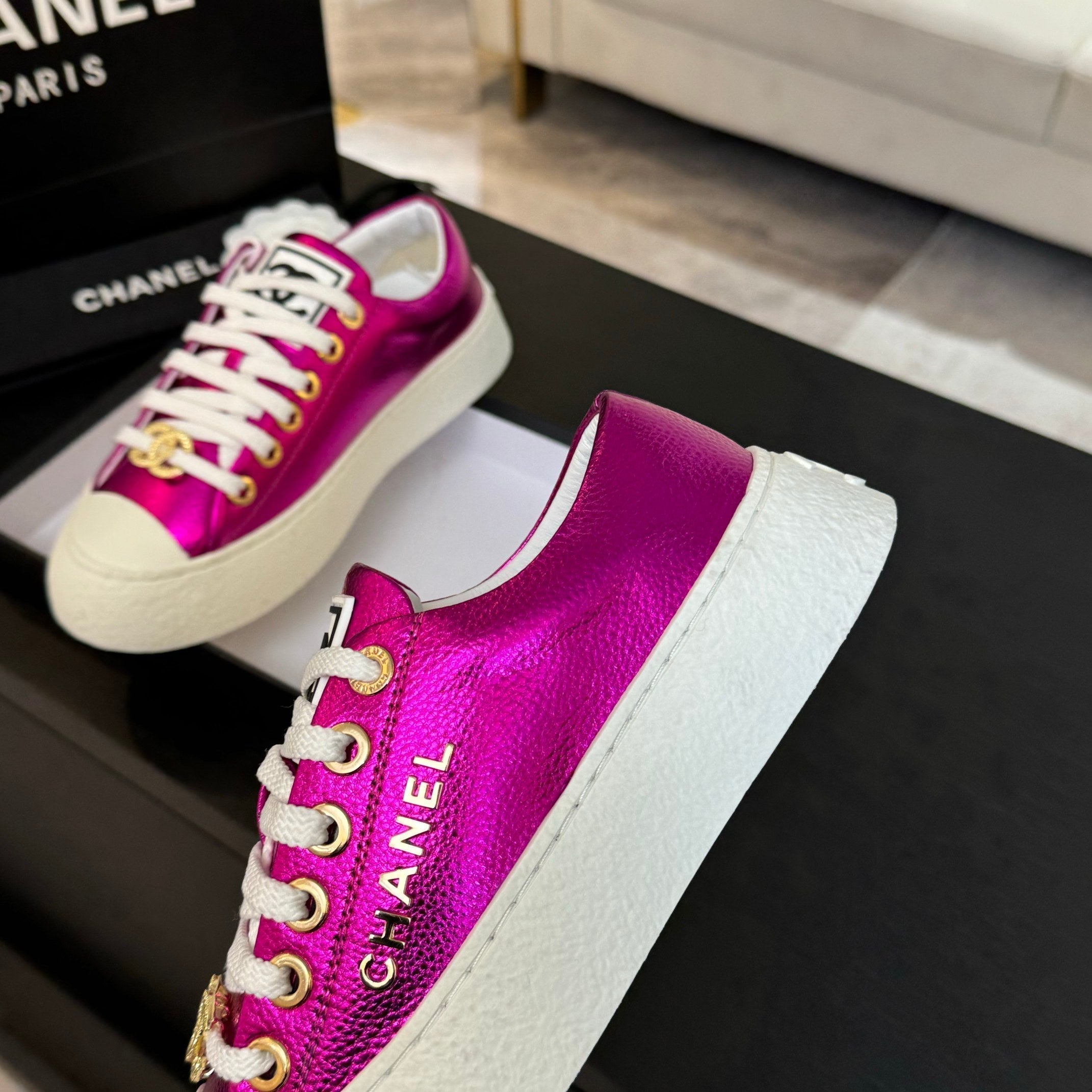 CHANEL BIG-HEAD COOKIE SHOES IN MAGENTA PURPLE LAMBSKIN