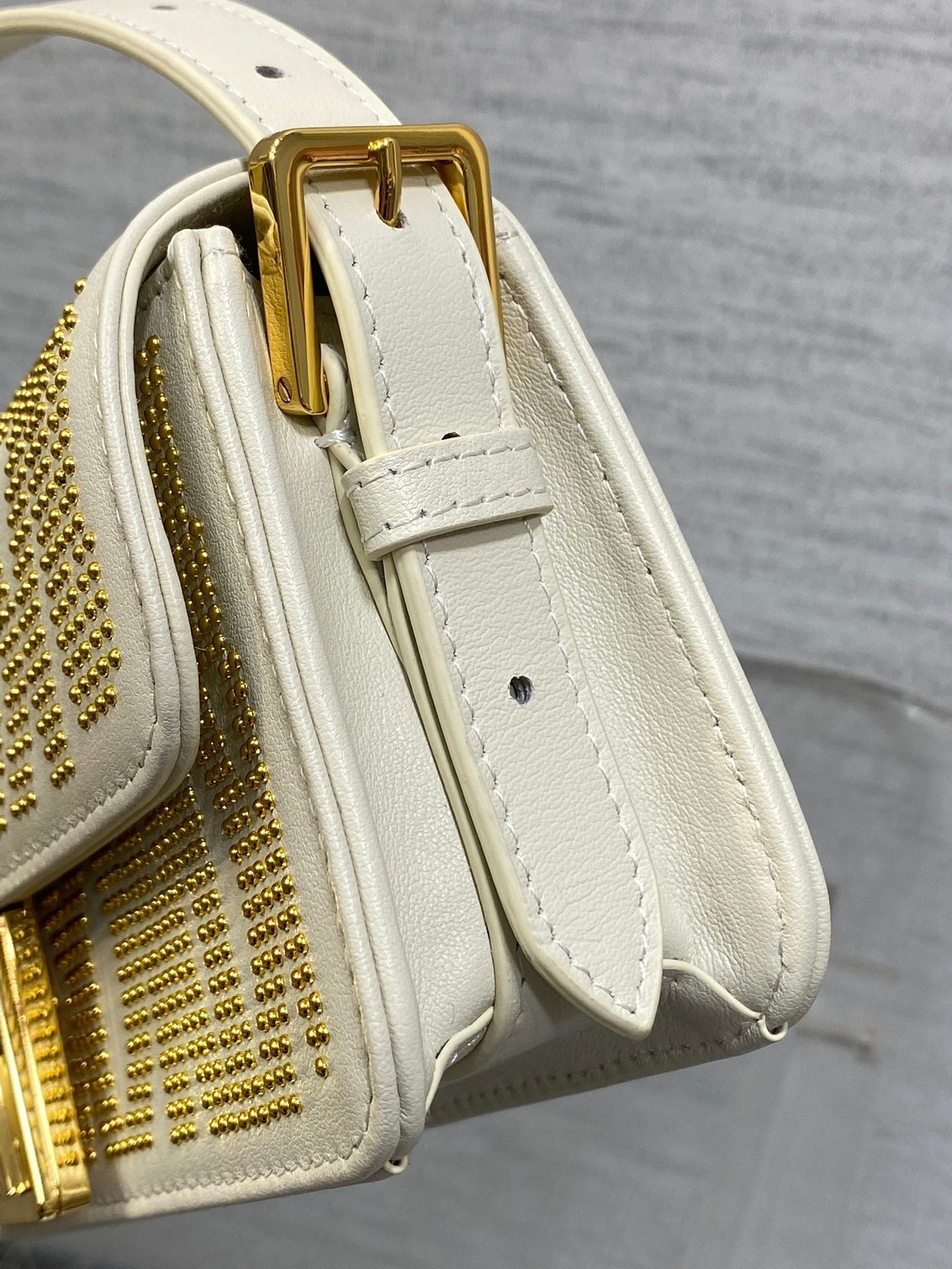 DIOR MINI 18 FLAP BAG IN WHITE LAMBSKIN WITH GOLD RHINSTONES