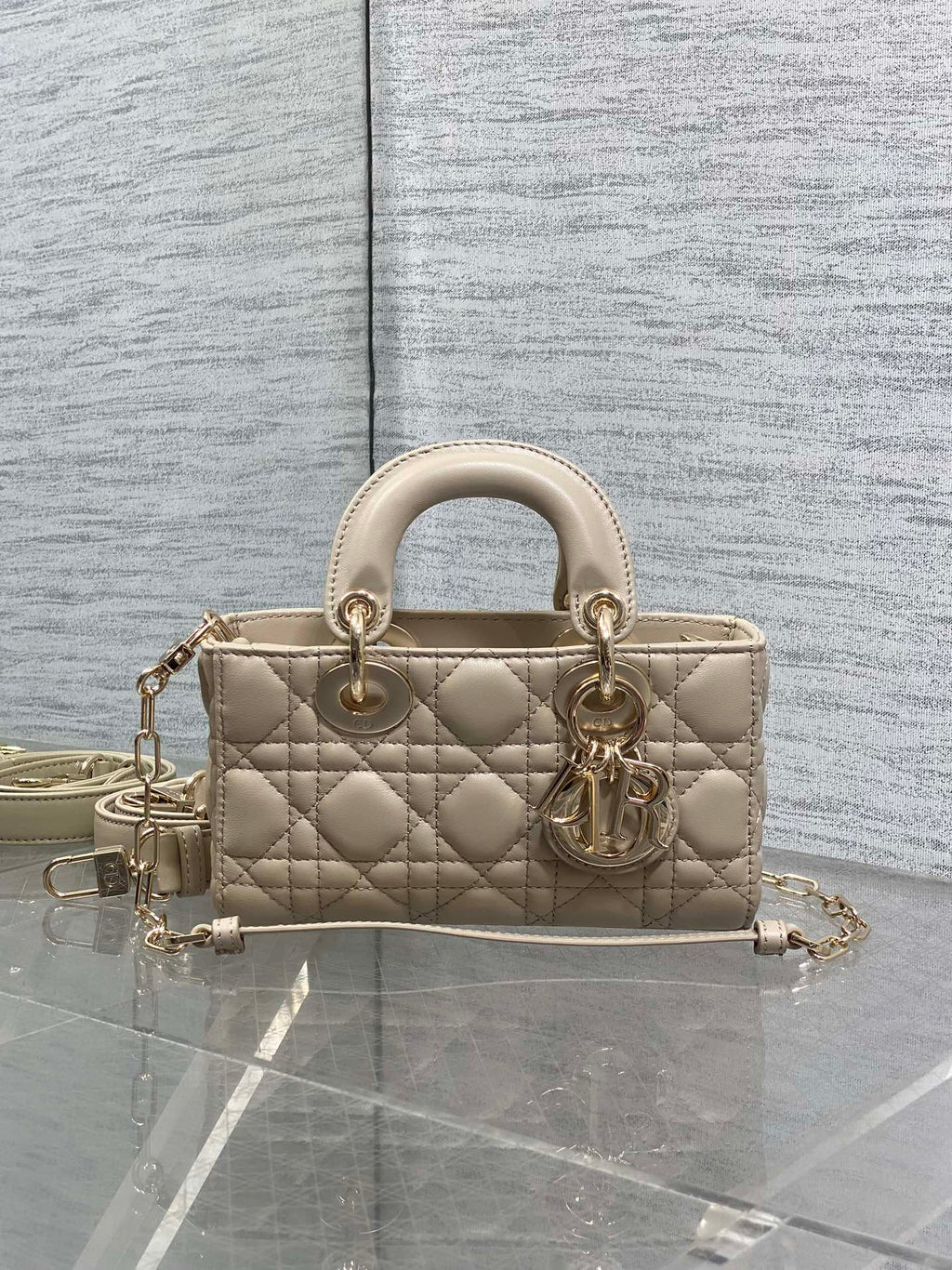 DIOR 25S MICRO LADY D-JOY 19 IN POWDER BEIGE CALFSKIN GOLD HARDWRE