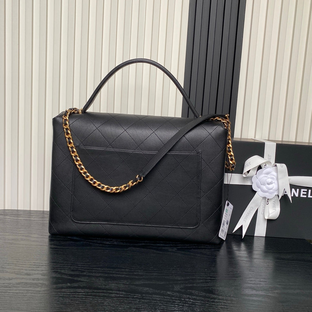 CHANEL 25S TOP HANDLE SHOULDER BAG 37 IN BLACK CALFSKIN WITH GOLD HARDWARE