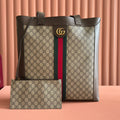 GUCCI 25S TOTE BAG 43 CM IN DARK BROWN MIX BEIGE LAMBSKIN WITH GOLD HARDWARE