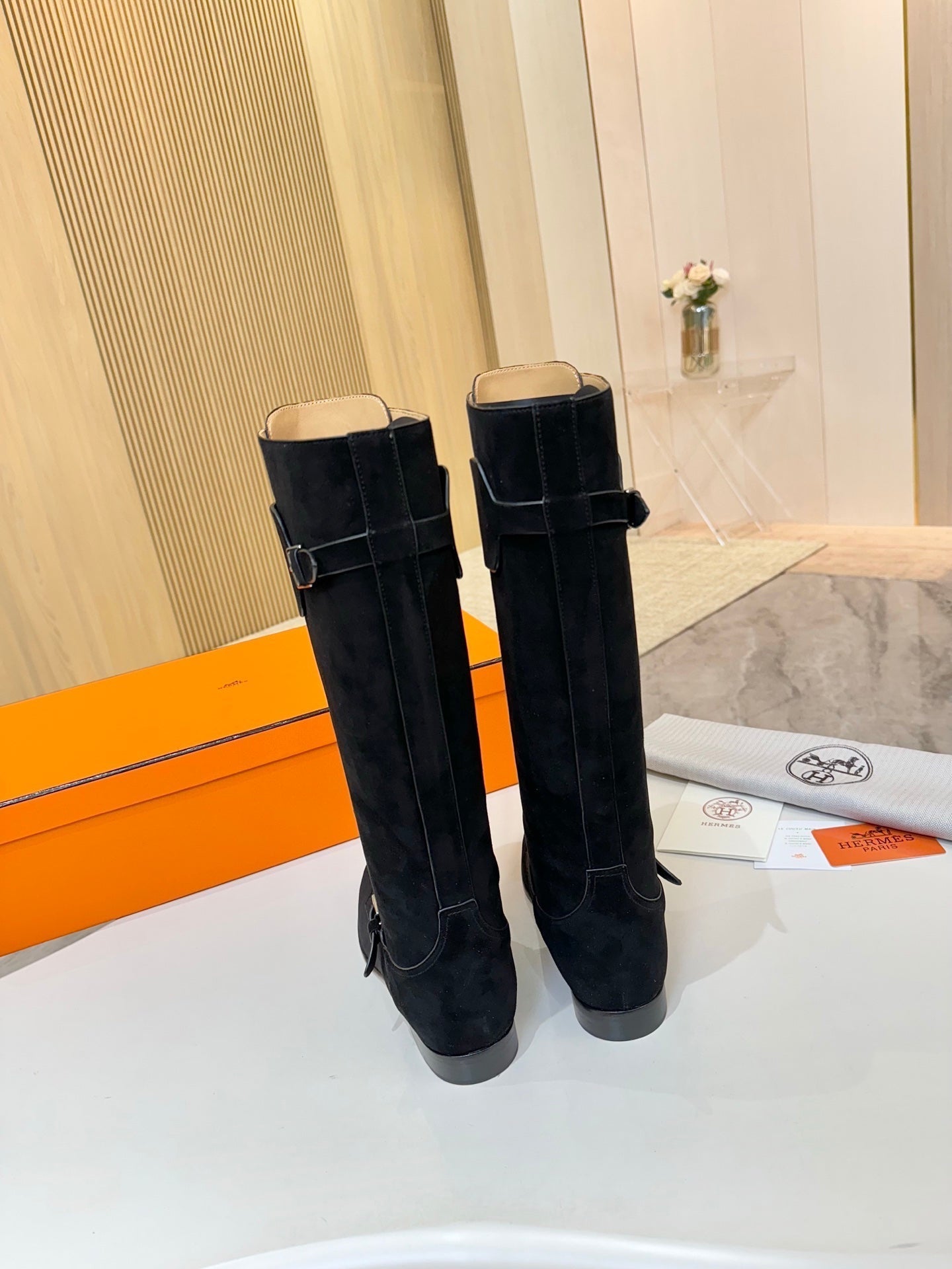 HERMES 25S RIDING BOOTS IN BLACK SUEDE WITH SILVER HARDWARE