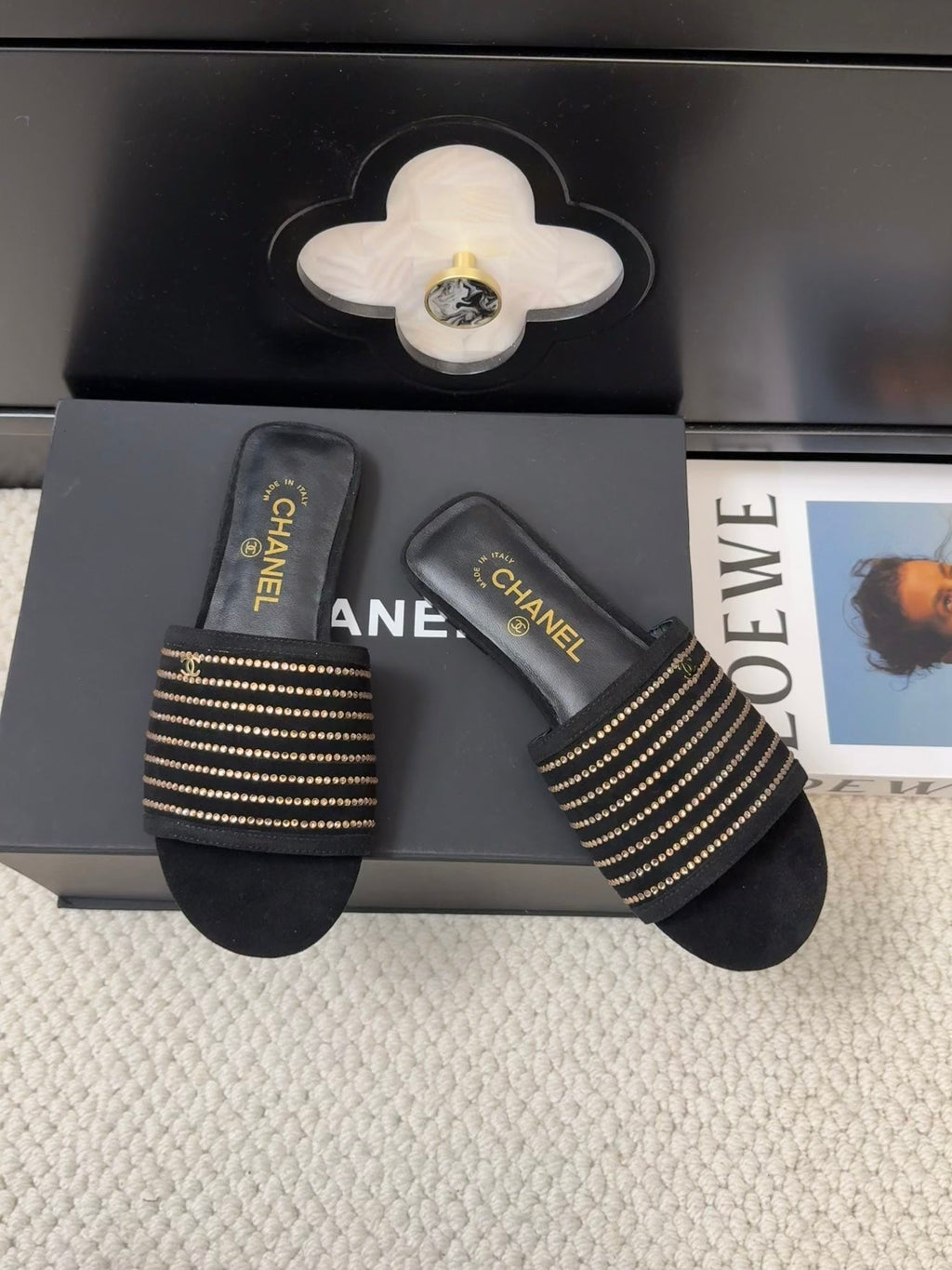 CHANEL FLAT SLIDE IN BLACK SUEDE WITH CRYSTALS