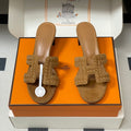 HERMES 25S ORAN HIGH‑HEEL SANDAL IN LIGHT BROWN SUEDE AND LAMBSKIN
