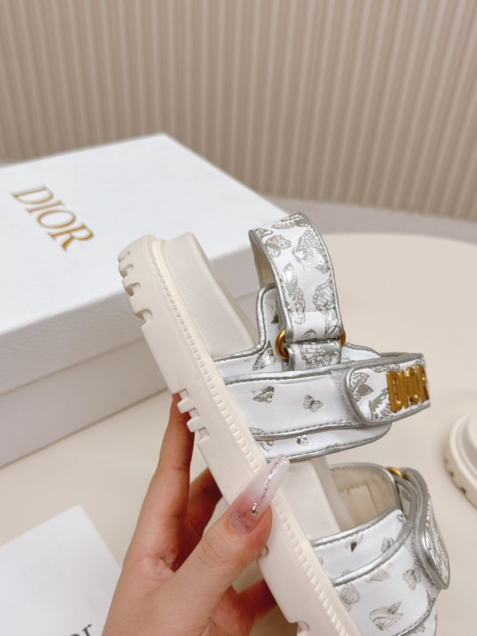 DIOR BACK-STRAP SANDALS 25S IN CREAM WHITE AND SILVER CALFSKIN WITH BUTTERFLY MOTIF