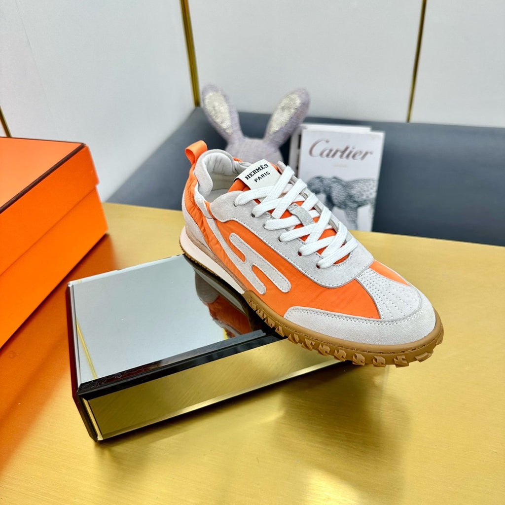 HERMES JET SNEAKER IN PALE GRAY SUEDE MIX ORANGE CALFSKIN