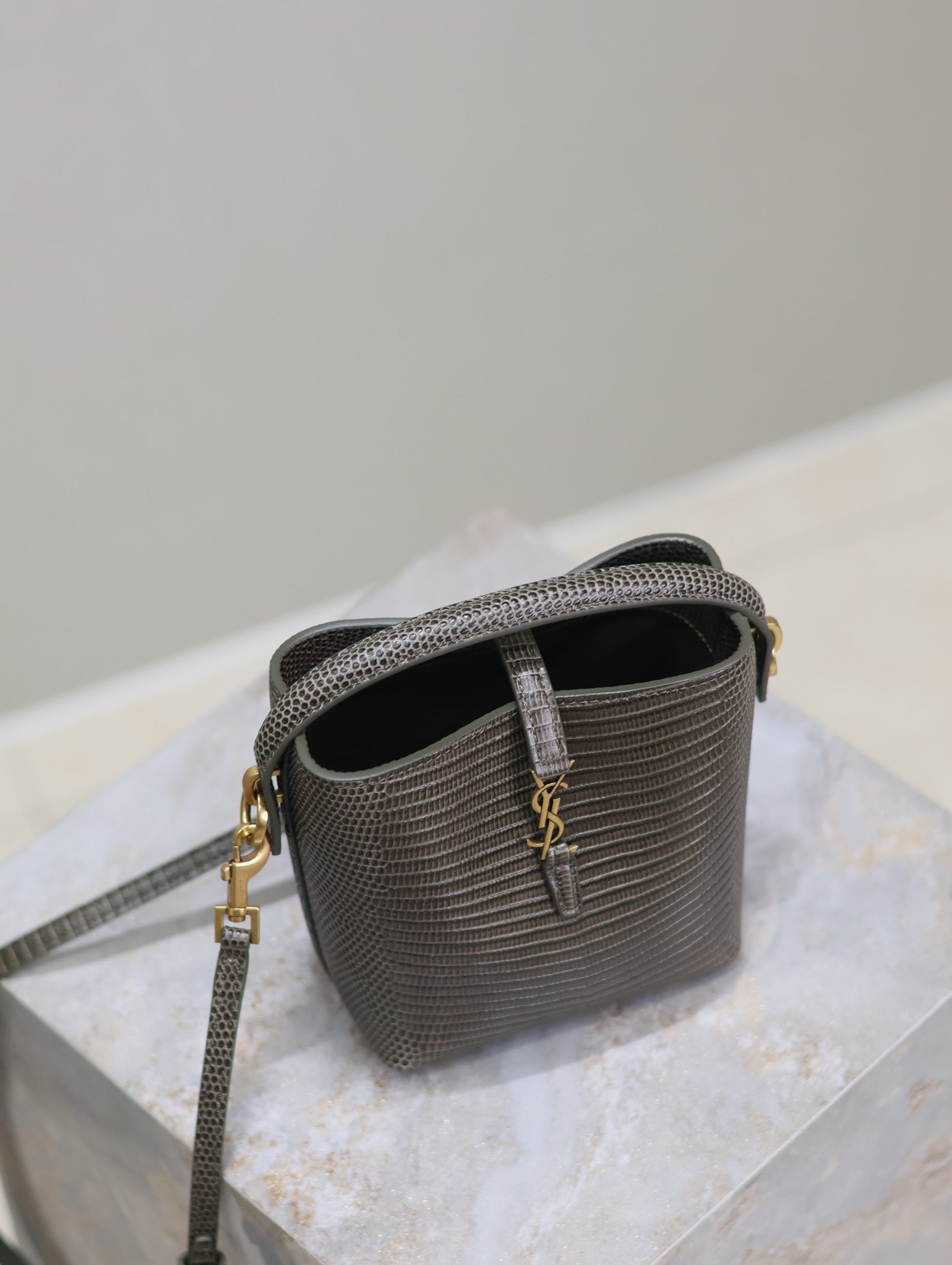 YSL 25S LE 37 MINI 15 IN BROWN LIZARD PATTERN CALFSKIN GOLD HARDWARE