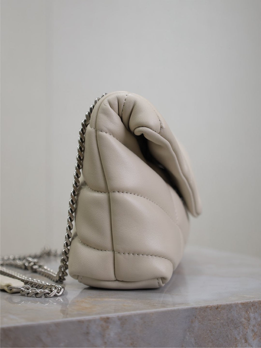 YSL 25S LOULOU PUFFER MINI 23 IN SMOKEY TAUPE CALFSKIN SILVER HARDWRE